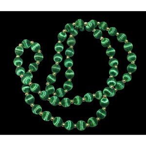 Vintage Satin Silk Green And Gold Tone Beaded Necklace
